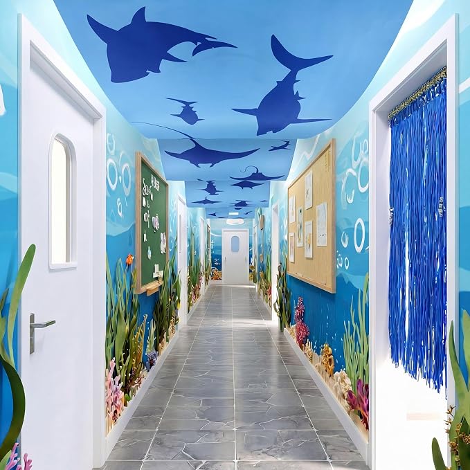 VioraWhite 3 Pcs Under the Ocean Ceiling Decorations Shark Themed Birthday Party Decorations 24 Inch x 12 ft Shark Manta Ray Banners Marine Sea Animal Ceiling Covers for Baby Shower Daycare Classroom