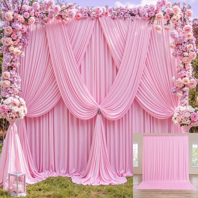 50ft x 12ft Wrinkle Free Pink Backdrop Curtains for Parties, 10 Panels 12FT Long Photo Backdrop Drapes Silky Back Drop Cloth for Wedding Birthday Photography Background Decor