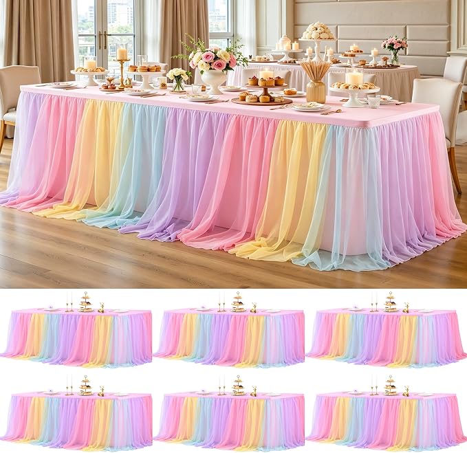 6 Pack 8ft Rainbow Tablecloths with Tulle Table Skirt for 8 Foot Rectangle Tables, Party Ruffle Tutu Table Skirt Stretch Fitted Covers for Wedding Reception Birthday Baby Shower Celebration Banquet