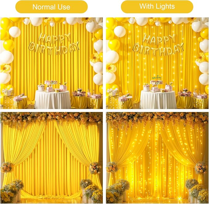 Yellow Backdrop Curtains with Lights for Parties,10x10FT Wrinkle Free Wedding Photo Backdrop Light Tulle Curtains for Baby Shower Birthday Ceremony Reception Home Party Decorations-5ft x 10ft