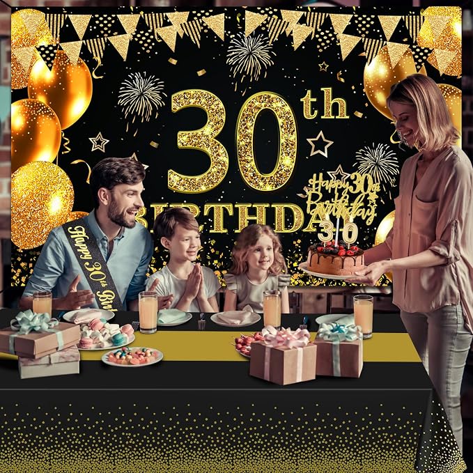 30th Birthday Decorations for Him Her with 30th Birthday Banner, Black and Gold Table Cloth, Number Balloons, Large Sash, Cake Topper and Candles