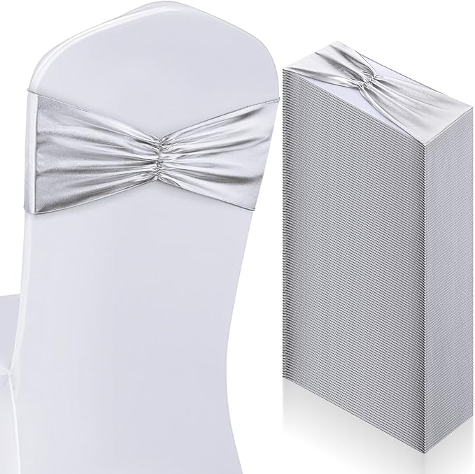 Hahafelt 50 pcs Chair Sashes Shiny Bow Spandex Bands for Dining Chair Slipcover Wedding Banquet Parties Reception Restaurant Decoration, Silver