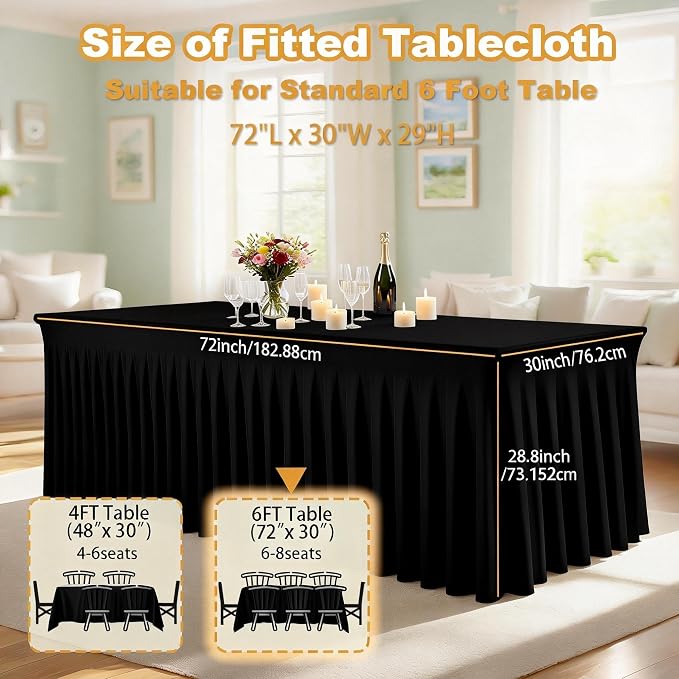 WJWHQ 5 Pack Black Spandex Tablecloths, Stretch Fitted 6ft Table Cover (120 Inch) with Skirt, Wrinkle Free for Weddings, Parties, Banquets, Dining Fits 6 Foot Rectangle Tables