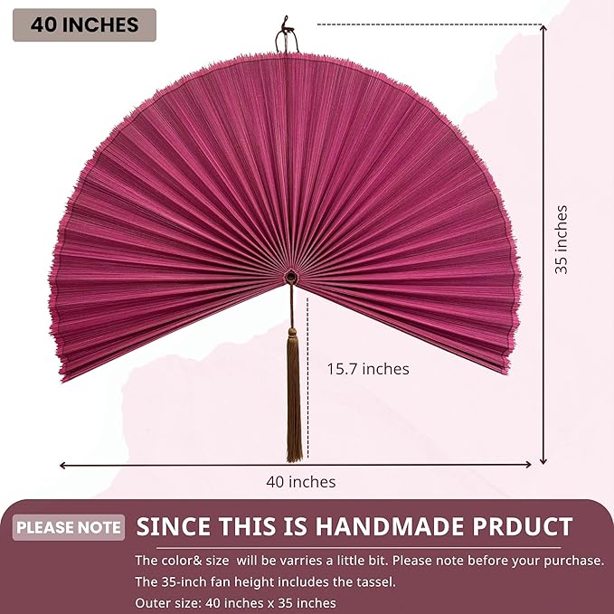 ChumDecor Fan Wall Decor,Japanese Wall Fan Decor,Large Bamboo Fan Wall Art for Boho Hanging Headboard,Decorative Folding Fan for Over Bed Decorations,Large Wall Dcor (Pink, 60 inch)