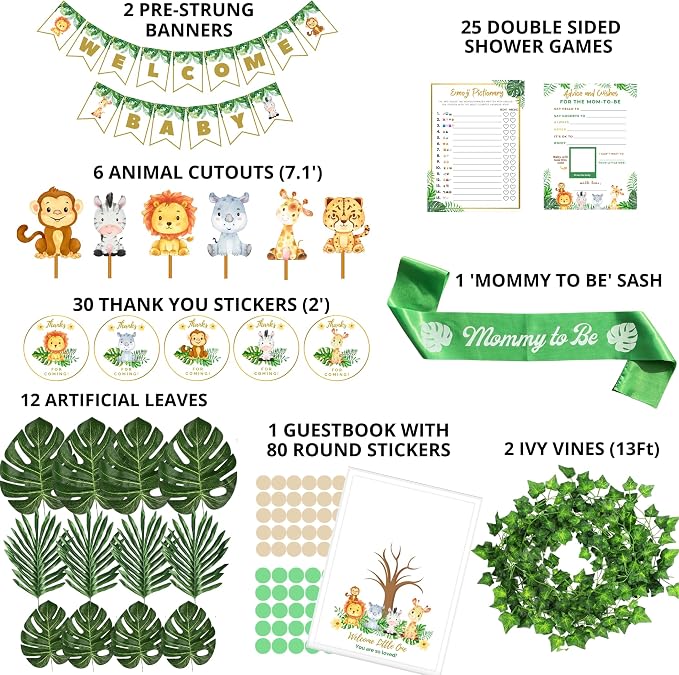 207 Pc Jungle Baby Shower Decorations for Boy - Safari Theme Party Kit | Safari baby shower decor for boy - balloons, banner, animal cutouts, paper fans, guest book, games & sash; easy 15-min setup