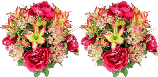 Admired by Nature 2pcs of 24 Stem Artificial Roses Carnation Mixed Bush Spring Faux Flower Arrangement for Outdoor & Indoor Wedding Home Decoration, Cemetery Decorations for Grave, Beauty