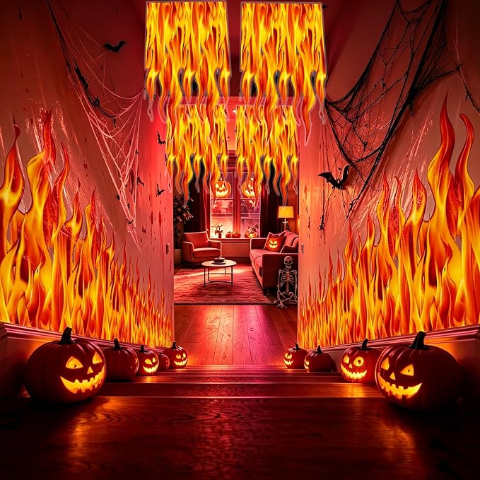 Kochorie 100 Ft x 54 Inch Halloween Flame Party Tablecloth Roll with Cutter Box Waterproof Plastic Fake Fire Table Cover for Halloween Campfire Party Supplies Decorations