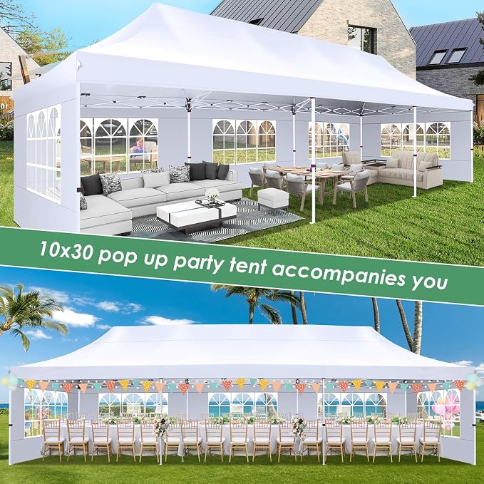 COBIZI 10x30 Pop Up Canopy with 8 Removable Sidewalls Party Tents for Parties Wedding Patio Commercial Waterproof and UV50+ Ez Outdoor Instant Gazebo with Roller Bag & 4 Sandbags（Swan White）