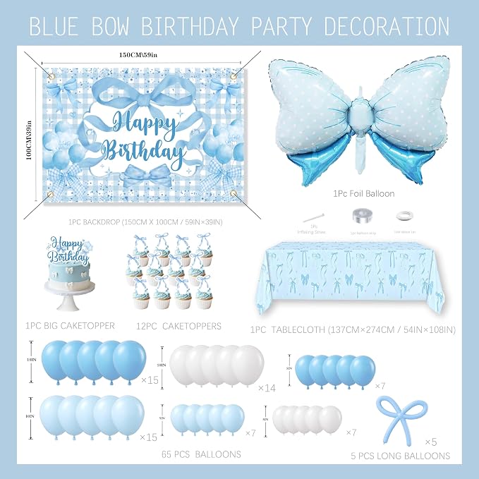 Blue Bow Birthday Decorations for Girls, Coquette Party Supplies with Gingham Backdrop, Tablecloth, Cake Toppers, Giant Foil Bow, Pastel Blue Balloon Arch Kit for Soft Girl Bday Photo Prop