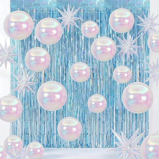 Seenelling 24 Pcs Mermaid Party Decoration Sets 22'' 4d Iridiscent Ball Star Balloons Light Blue Metallic Tinsel Foil Fringe Curtains for Summer Mermaid Ocean Under the Sea Party Birthday Bachelorette