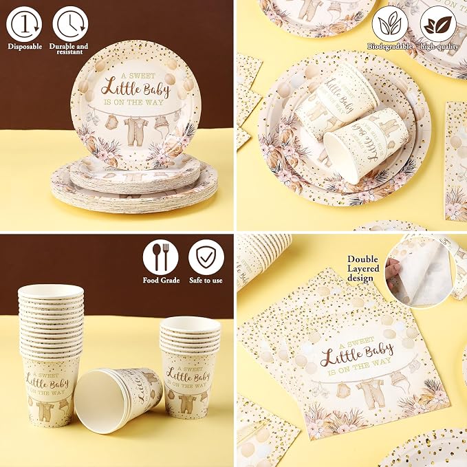 168 Pcs Neutral Gold Baby Shower Decorations Boho Gender Reveal Party Favors a Sweet Little Is on The Way Plates and Napkins Disposable Tableware Set Serve 24