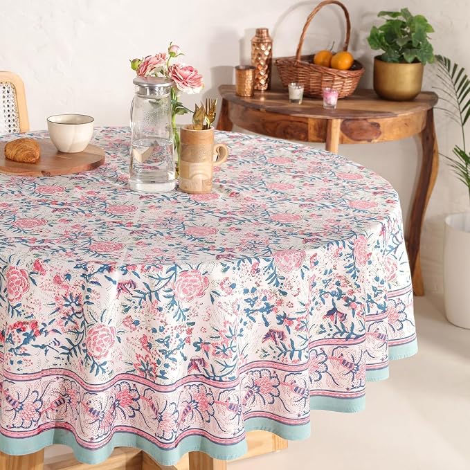 Hand Block Printed Tablecloth – Colorful Floral Print | 100% Cotton | Indian Artisan Handmade Art | Dining Room, Kitchen, Outdoor Décor, (Salmon Pink, 4 Seater 60 Inches Round)