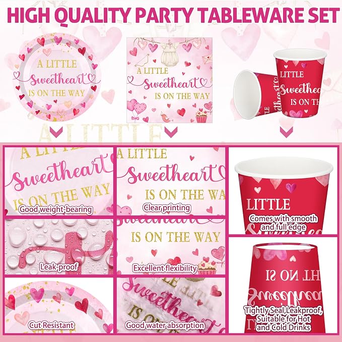 Hushee 200 Pcs Valentine's Day Little Sweetheart Baby Shower Paper Plates Cups Napkins Party Supplies Tableware Set Disposable Cup Napkin for 50 Guest Party Decoration