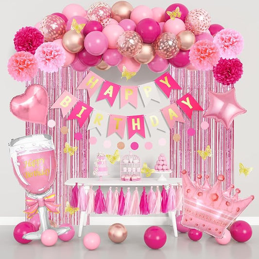 Pink Birthday Party Decorations for Women Girls, Foil Confetti Rose Gold Hot Pink Balloons Happy Birthday Banner Fringe Curtains Butterfly Decor Circle Dots Tassels Pompoms Mothers Day Party Supplies