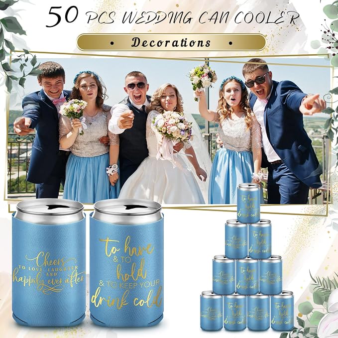 Qinyoung 50 Pieces Haze Blue Wedding Can Cooler Bulk Engagement Party Favors for Guests Cheers to Love and Happily Ever After Rehearsal Dinner Decorations for Wedding Bridal