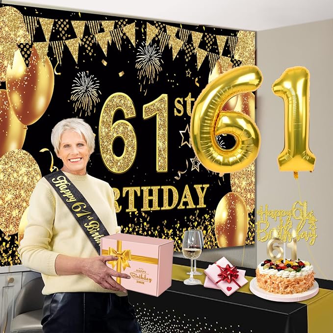 61st Birthday Decorations Men Women with 61st Birthday Banner, Black and Gold Table Cloth, Number Balloons, Large Sash, Cake Topper and Candles
