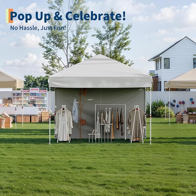 GarveeLife 10x10 Pop Up Canopy with 4Pcs Sidewalls Easy Up Camping Tent Outdoor Canopy with One Button Push Setup 1 Roller Bag 3 Adjustable Height 4 Weight Bags (White)
