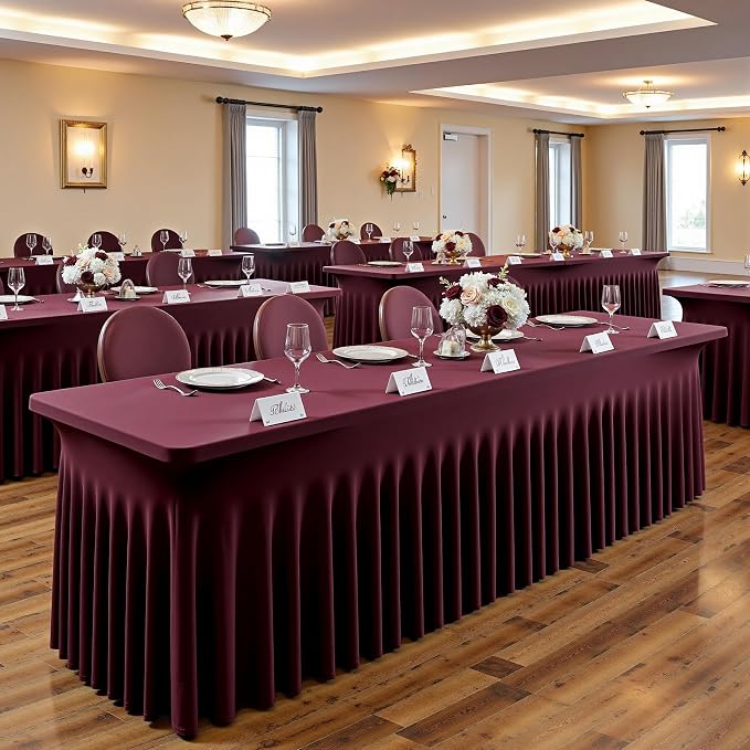 2 pk Burgundy Spandex Tablecloth 6ft with Ruffled Tables,Wrinkle Free High-Stretch Fitted Table Cloths for 6 Foot Rectangle Tables,Elastic Maroon Spandex Table Covers 6 ft for Weddings Banquet Dinning