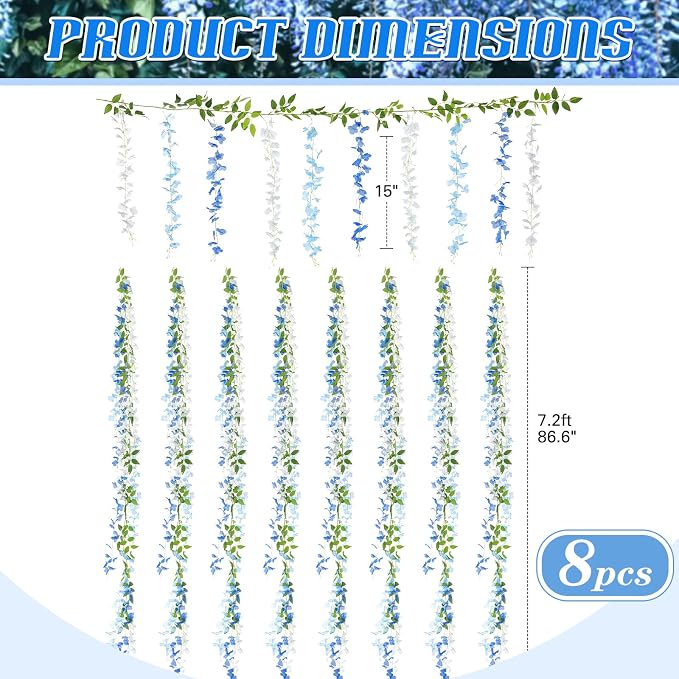 Thiccywoov 8pcs Wisteria Artificial Flowers Garland, 7.2Ft/Piece Wisteria Hanging Flowers Garland for Wedding Arch Decoration Outdoor Ceremony Home Backdrop Garden (Light Blue,Dark Blue,White)