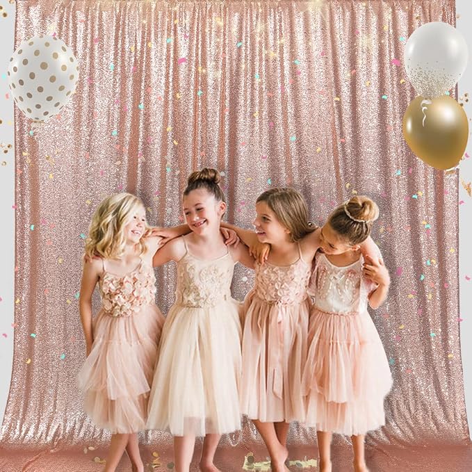 PartyDelight Rose Gold Sequin Backdrop 10x10ft 4 Inch Rod Pocket | Dense 3mm rose gold sequins on mesh backing with 4 inch rod pocket for large wedding walls group photos stages and reception