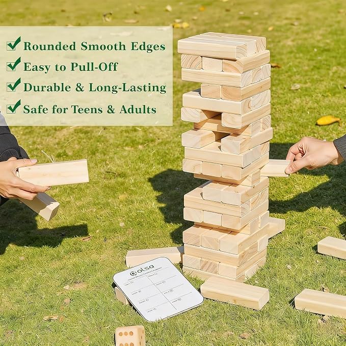 Olsa Giant Tumble Tower, Toppling Timber Game with Carrying Bag-60 PCS Wooden Block Stacking Game for Adults Family (2.2 Ft to 5 Ft)