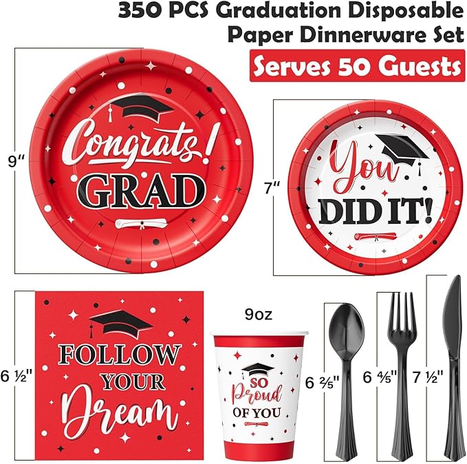 Ecomore Graduation Decoration Class of 2026, 350PCS Graduation Party Supplies Disposable Dinnerware(Serve 50) with Paper Plates Cup Napkin Fork Knife Spoon College High School Grad Decor (Red & Black)