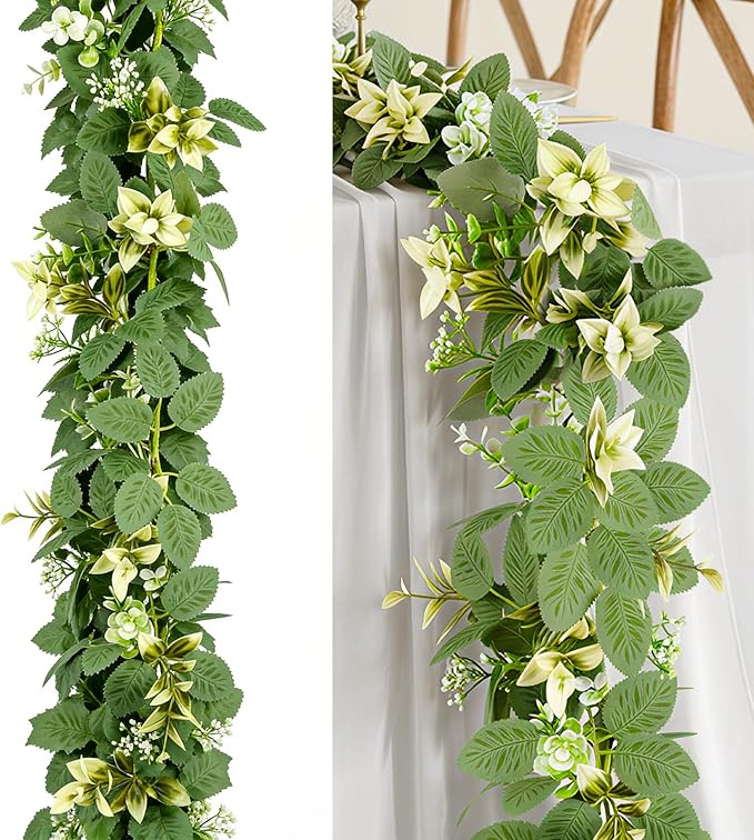 6FT Artificial Eucalyptus Garland with Flowers, Fake Greenery Vines Spring Ivy Leaves for Wedding Backdrop Arch, Table Centerpieces, Party, Home Room Party Indoor Outdoor Spring Decor