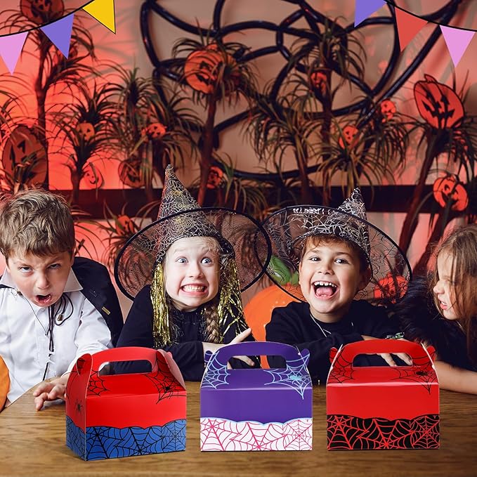 Marspark 24 Pack Spider Web Cartoon Birthday Party Supplies, Paper Gift Boxes, Cartoon Candy Treat Boxes for Birthday Party Decorations(3 Color Spider Pattern)