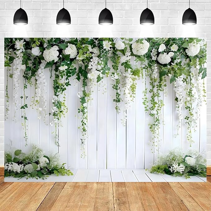 20x10ft White Flower Backdrop Green Leaves Wedding Bridal Shower Photography Background Floral Rustic Wood Wall Birthday Party Banner Decorations Reception Ceremony Portrait Photo Booth Prop