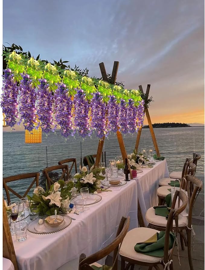 12 Pack Purple Wisteria Hanging Flowers Garland with Lights, 3.44 Feet Artificial Flower Vines, Fake Wisteria, Artificial Vines Hanging Garland for Backdrop Outdoor Patio Garden Decor