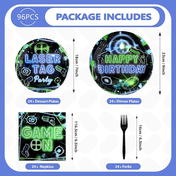 Grencian 96PCS Laser Tag Birthday Party Decorations Set - Green, Blue Laser Party Plates, Disposable, Serves 24