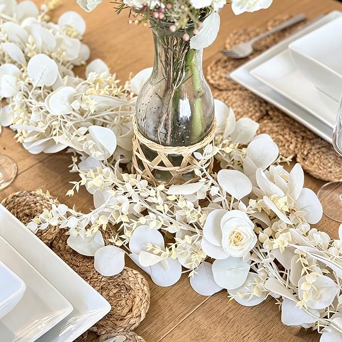 CQURE 2Pack Eucalyptus Garland,Artificial Eucalyptus Leaves Flowers Table Greenery Garland Wreath Vines for Wedding Party Fireplace Bedroom Room Decor