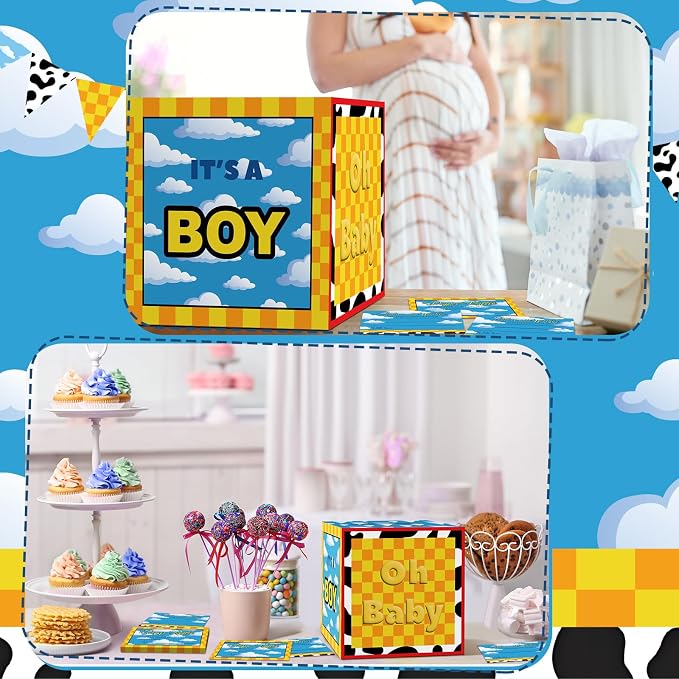 Teling 51 Pieces Diaper Raffle Tickets with Card Box Baby Shower Decorations Gender Reveal Holder Box for Girl Boy Diaper Raffle Party (Cartoon)