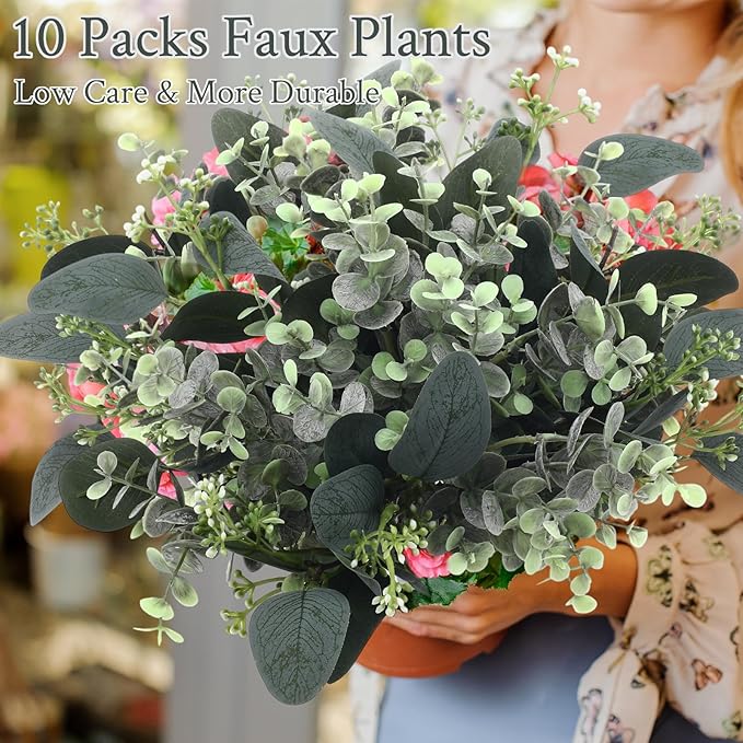 Janinka Mixed Eucalyptus Leaves Stems Bulk with White Seeds Artificial Silver Dollar Leaves Sprays Faux Oval for Wreath Garland Floral Bouquets Arrangement Wedding Greenery Decoration (10)