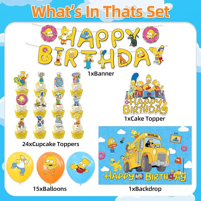 42Pack Simpsonss Party Supplies Kit Set Include Banner ,Cake Topper ,Backdrop ,Balloons for Party Decorations (YE1)