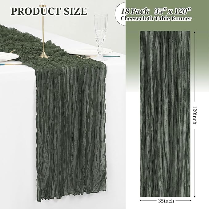 18 Pack Deep Green Cheesecloth Table Runner Gauze Table Runner 10FT Long Semi-Sheer Table Runner Boho or Rustic Wedding Table Decor for Wedding Decor Arch Draping Bridal Shower Holiday Party