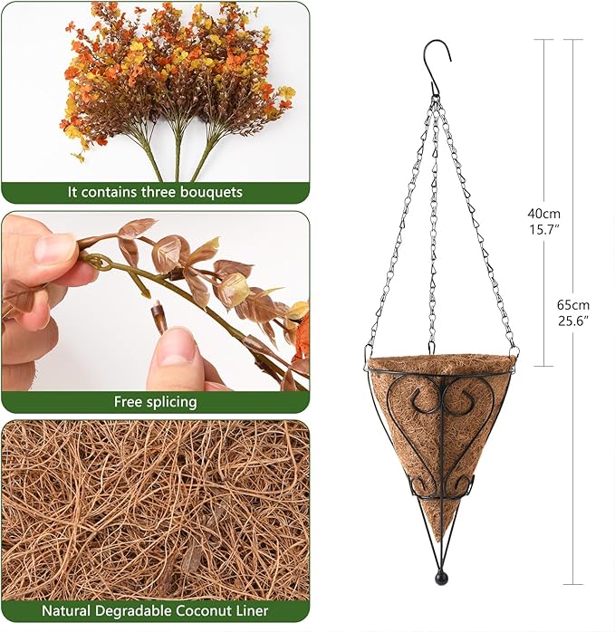 Homsunny Fall Artificial Fake Mums Hanging Flowers Plants Basket for Outdoor Autumn Decoration, Fake Silk Orange Planters UV Resistant Look Real for Home Patio Balcony Yard Porch Decor(Yellow Orange)
