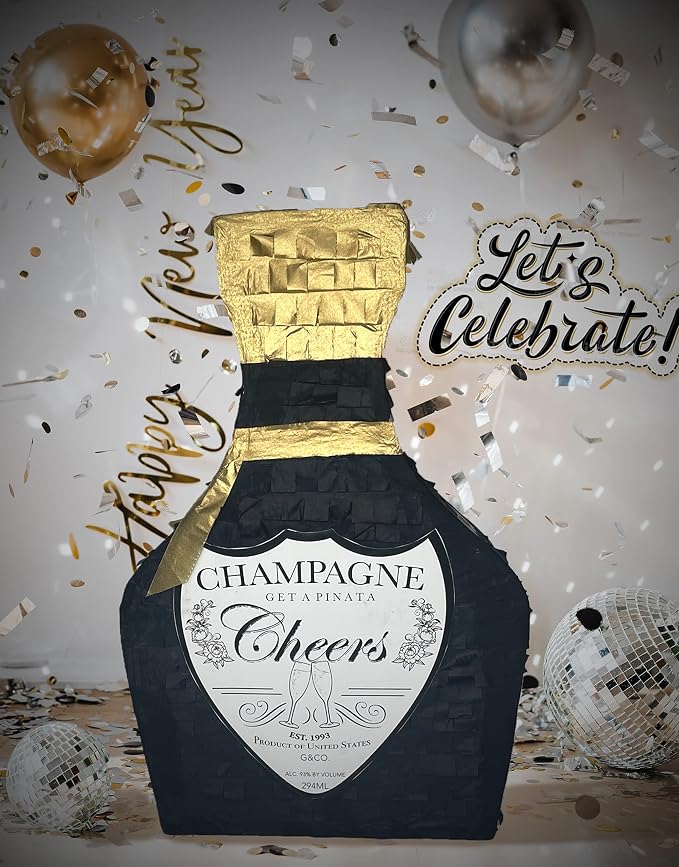 Jergrim Black and Gold Champagne Piñata with Stick 17”X11”X3” great for 21st Birthday, Decorations, Graduation, New Years & Wedding Props - Fits party favors