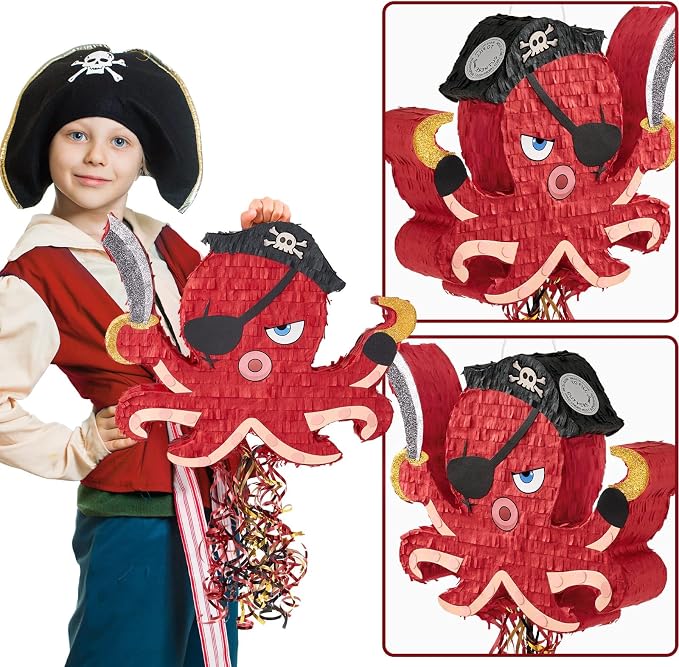 WERNNSAI Pirate Octopus Piñata - Pirate Birthday Decoration Animal Piñata with Blindfold and Stick for Caribbean Party Decoration Men Boys Birthday Anniversary Carnival Celebration Supplies