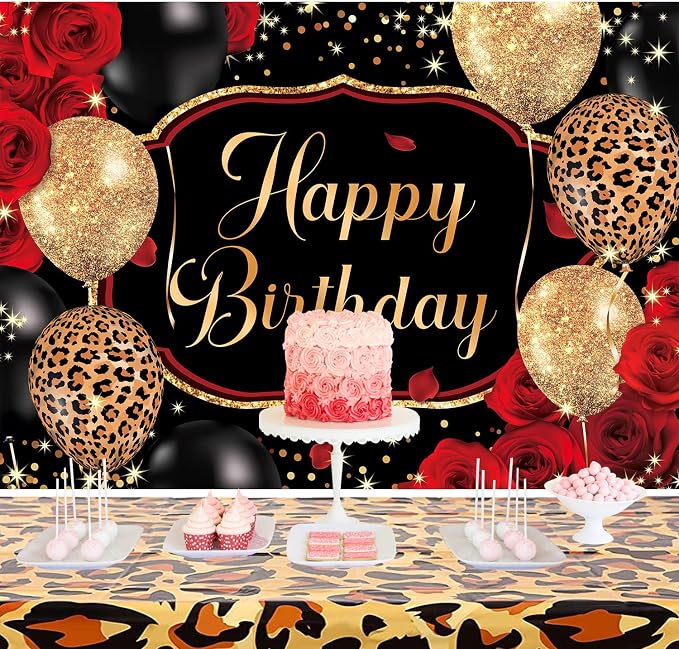 Black Gold Happy Birthday Backdrop Polyester Fabric 7Wx5H Feet Red Rose Leopard Balloons Party Banner 30th 40th 50th Event Abstract Celebration Photography Backgrounds Photo Shoot Props