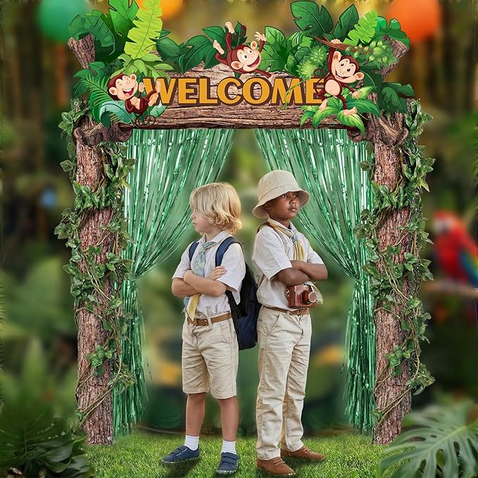 Peryiter 5 Pcs Rainforest Jungle Party Decorations Vbs 2026 Jungle Party Porch Banners Green Foil Fringe Backdrop Curtains Vbs 2026 Ceiling Hanging Decor for Sunday School Summer Birthday