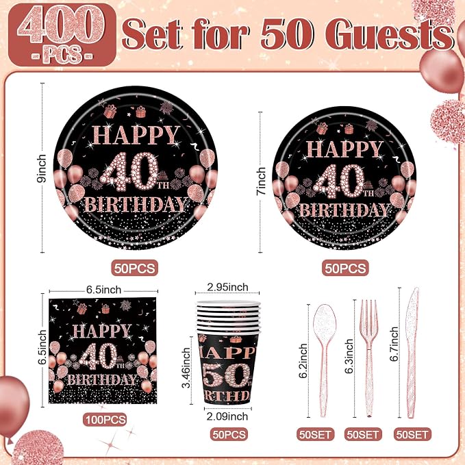 Pickmesh 400 Pcs 40th Birthday Decorations for Women, Includes 40th Birthday Plates, Napkins, Cups, and Cutlery for Party Favors, Cheer to 40 Year for Her, Serves 50 Guests
