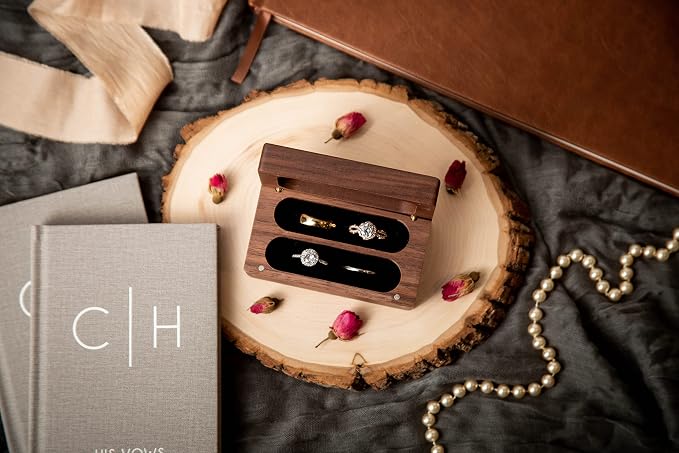 MUUJEE Quad Wooden Ring Box for Wedding Ceremony - Engraved Ring Holder Box for Engagement Proposal Anniversary and Valentines Day Gift for Him or Her (Blank Box)