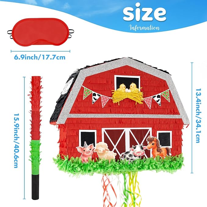 WERNNSAI Red Farm Animal Piñata - Farm Baby Shower Decorations Animal Piñata Party Game for Kids Birthday Celebrations Milk Farm Party Favor Supply with Bat Blindfold