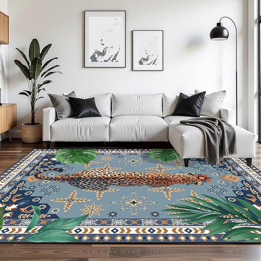 6' x 9' Grey Rug Cheetah Floor Mat Boho Vintage Tropical Jungle Leopard Carpet Indoor Living Dining Room Bedroom Porch Playroom Nursery Doormat Room Decor