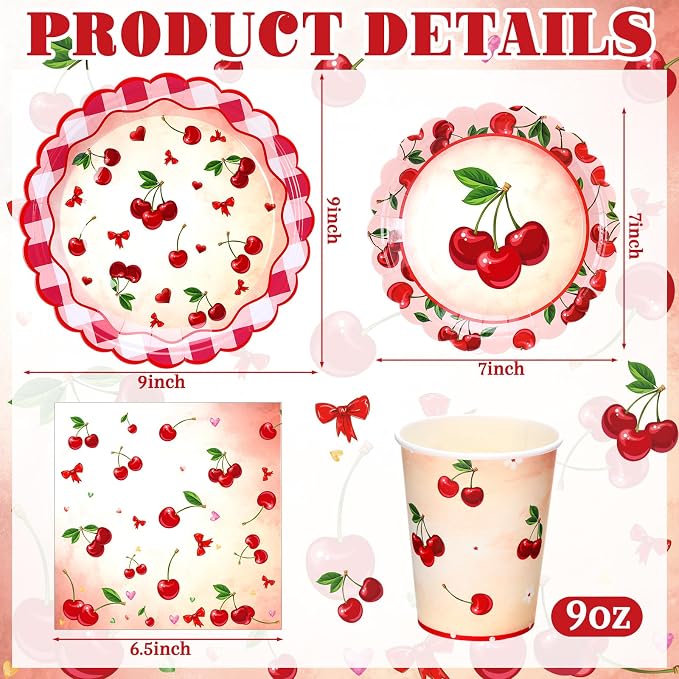 Domensi 250 Pcs Baby Shower Decorations for Girls Cherry Bridal Shower Party Supplies Paper Plates Napkins Cups Tableware Set for 50 Guests She's the Cherry on Top Birthday Party Supplies for Wedding