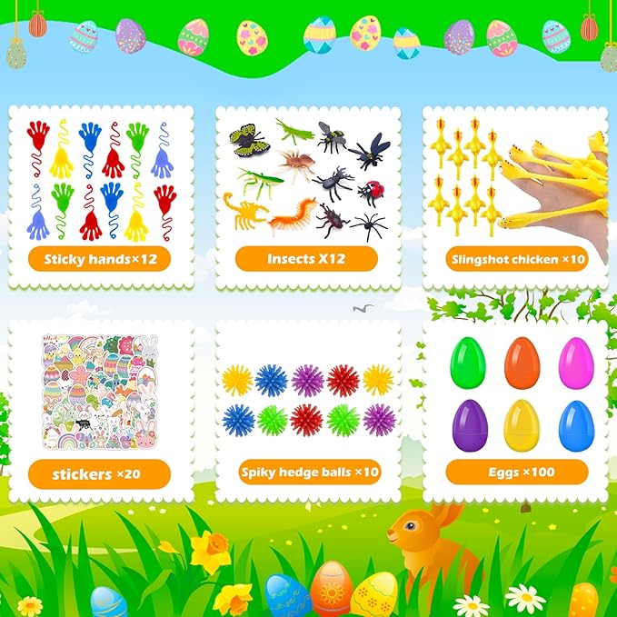 GOAUS Easter Eggs Fillers Party Favors for Kids 220 pcs, Small Toys Prizes with 100 Surprise Eggs for Filling, Goodie Bags Stuffers