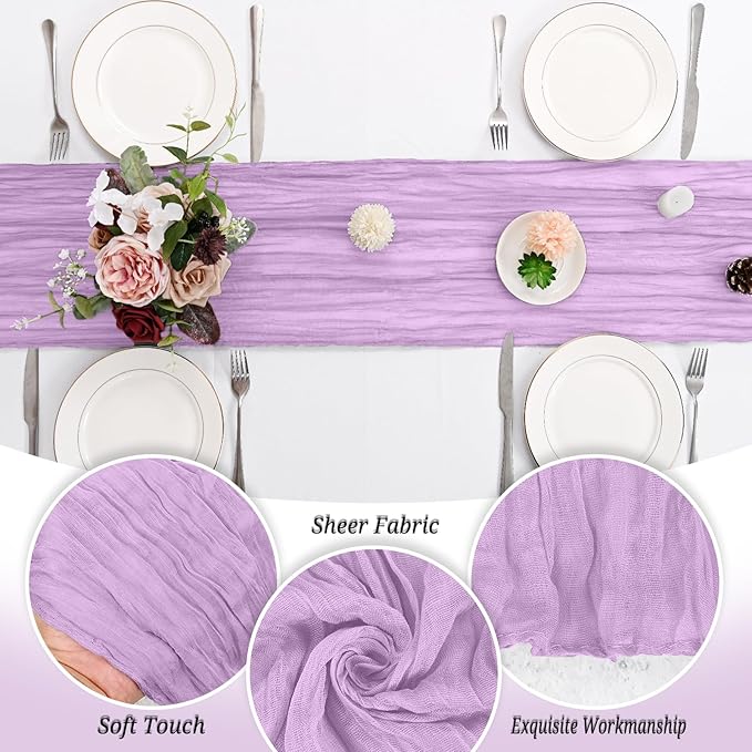 24 Pack Lavender Cheesecloth Table Runner 120 inch Fall Thanksgiving Boho Rustic Gauze Farmhouse 10FT Cheese Cloth Runner for Baby Shower Wedding Party Holiday Home Decor