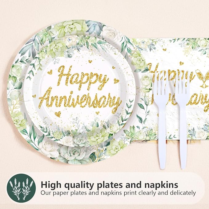 96Pcs Happy Anniversary Party Supplies Sage Green Gold Wedding Party Plates and Napkins Disposable Green Leaves Flower Tableware Set for Couples Anniversary Wedding Decorations Serves 24