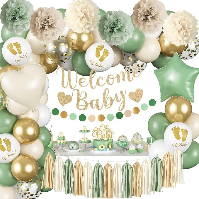 Sage Green Baby Shower Decorations, Welcome Baby Banner Olive Green Gold White Sand Confetti Latex Foil Balloons with Oh Baby Cake Topper Pom Poms Tassels for Boho Neutral Gender Reveal Party Supplies